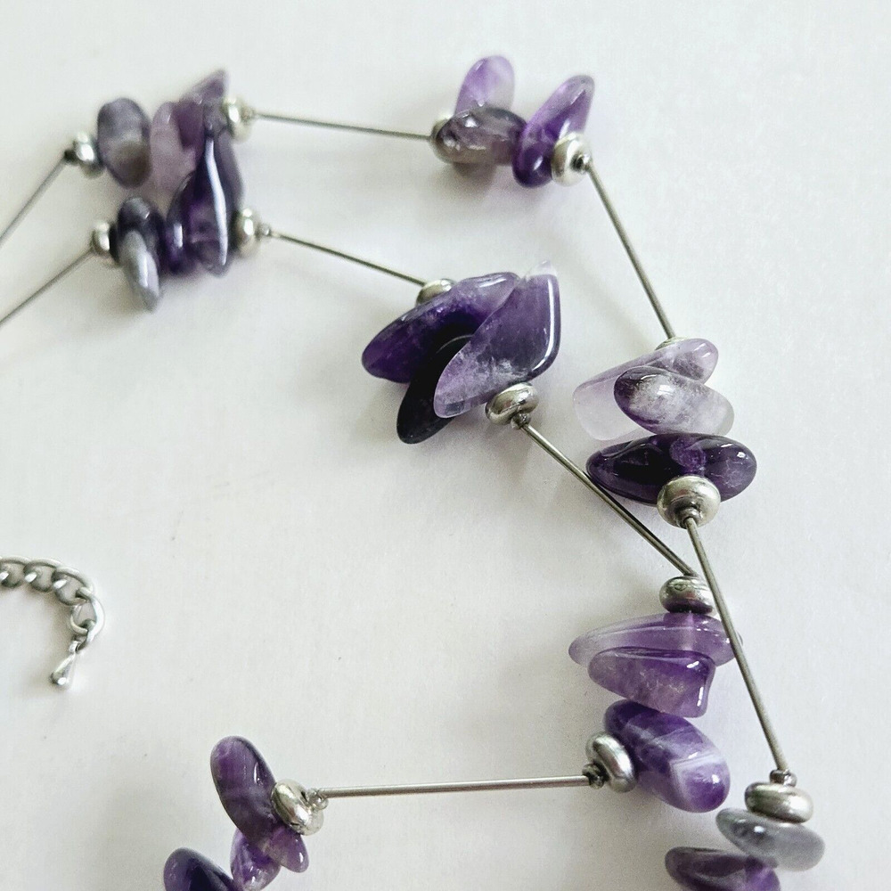 Amethyst Necklace Purple Stone Silvertone Statement Modern Brutalist Maximalist - Picture 4 of 10